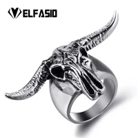 elfasio mens boys large horn goat skull 316l stainless steel biker ring jewelry size 8 9 10 11 12 13