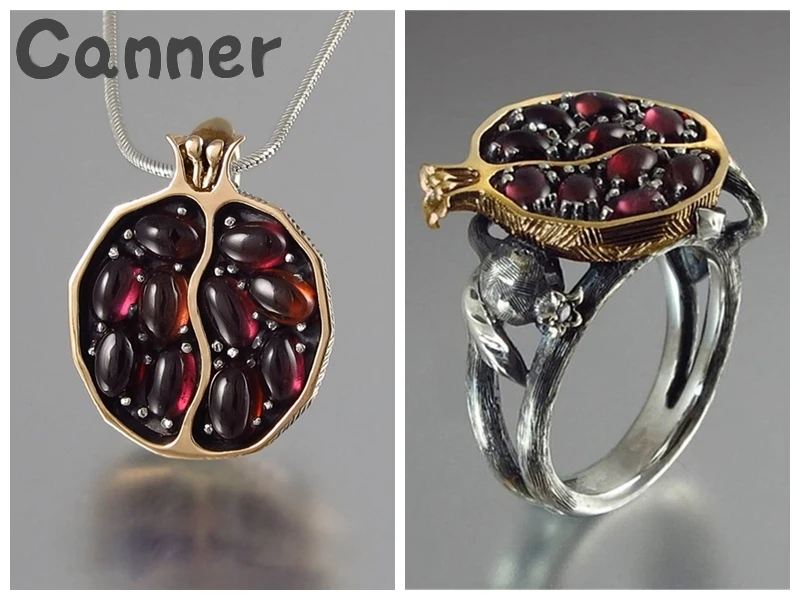 necklace ring Size 6 Canner натуральный гранатовый гранат ожерелье кольца серьги набор красный камень кулон ожерелье набор украшений для женщин девочек Подарки A40 - Окраска металла: necklace ring Size 6