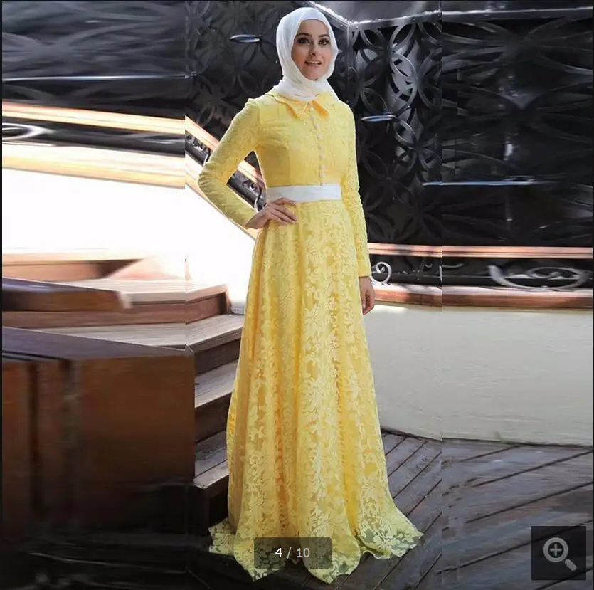 2017 желтое кружевное мусульманское вечернее платье с длинным рукавом хиджаб