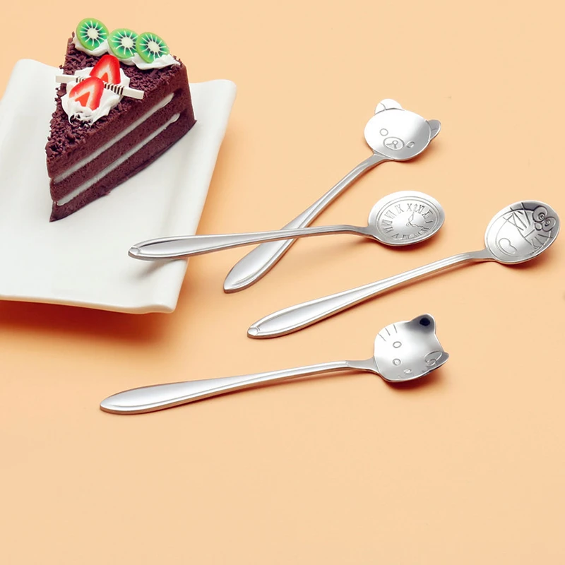 

4pc Stainless Steel Cute Teaspoons Cartoon Handle Ice Cream Spoon Dessert Coffee Spoon Kids Home Kitchen Flatware Christmas Gift