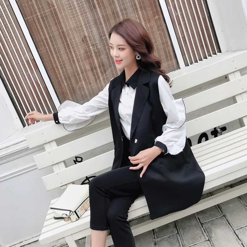 Комплект женской весенней одежды из 2 предметов блузка оверсайз + длинный жилет |