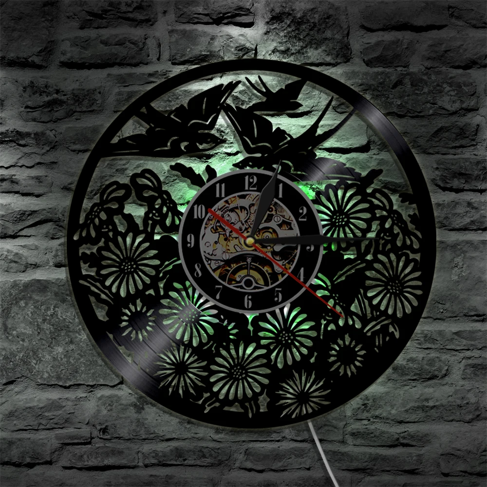  Birds Animals Vinyl Record Wall Clock Led Lighting Vintage Home Decor LP Art Handmade Gift For Bird Lovers | Дом и сад