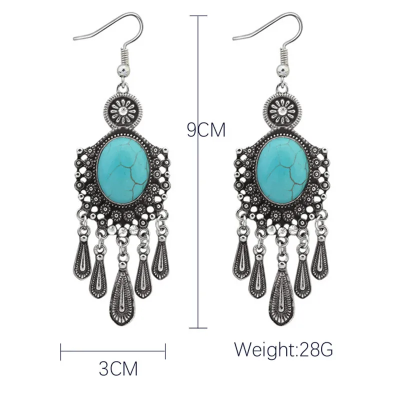 Women boho marble rhinestone beaded dangle set ethnic bohemian blue stone drop earrings tribal tassel jewelry antique gold gifts | Украшения