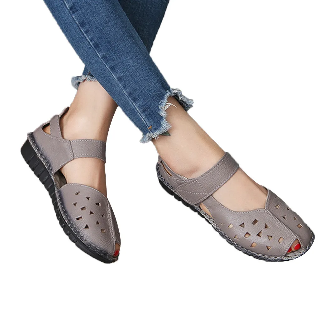 Women's Sandals Soft Bottom National Fish Mouth Ladies Sandals Summer Hollow Flat Shoes Female Soft Beach Shoes Chaussures C40