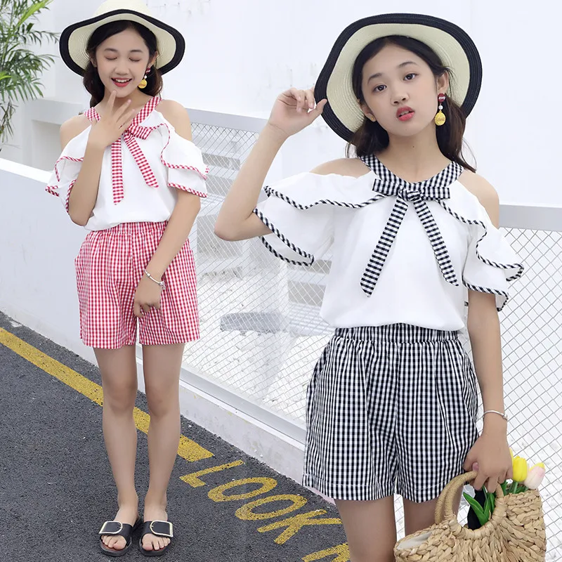 6 8 10 12 14 Year Girls Summer Set 2020 Off Shoulder Plaid Clothing Sets Two-Piece Backless Halter Top + Short Pant Suit | Мать и ребенок