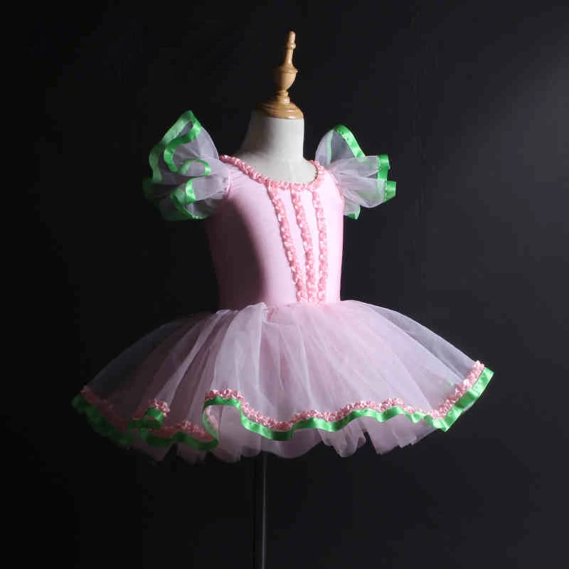 

Girls Ballet Skirt Pink Puff Sleeve Tutu Profession Dancing Dress Adult Children Competition Ballet Dance Costume