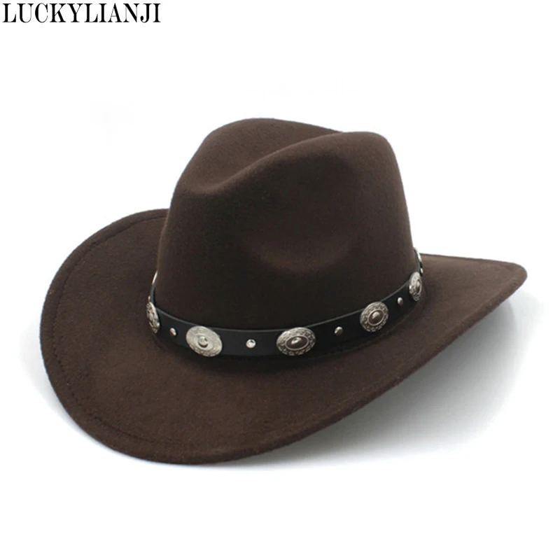 LUCKYLIANJI  Wool Felt Kid Child Western Cowboy Hat With Wide Brim Punk Leather Belt  Jazz Cap (Size:54cm Adjust Rope)