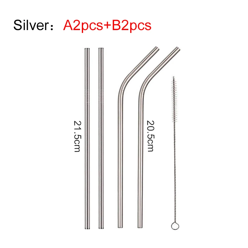 Silver A2-B2 EIMAI 4 шт красочные 304 соломинки из нержавеющей стали многоразовые, для питья соломы высокого качества изогнутая металлическая соломинка с чистящей щеткой A01 - Цвет: Silver A2-B2
