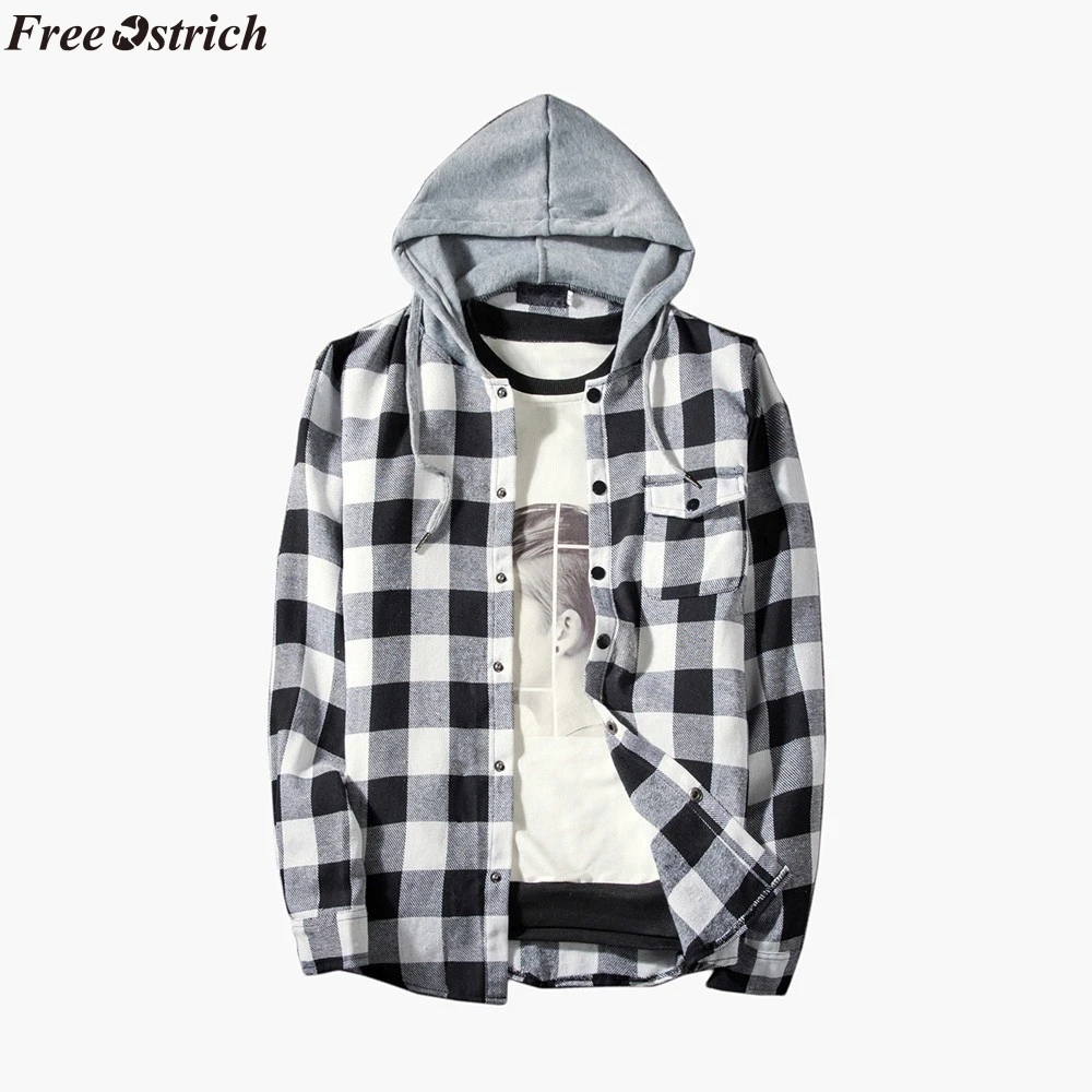 FREE OSTRICH hoodies Tracksuit Men's Autumn Casual Plaid Shirts Long Sleeve Pullover Shirt Top Hooded Blouse Sportswear