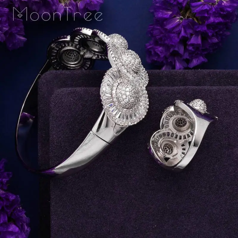 MoonTree Luxury Rhinestones Twist Shape Cubic Zircon Wide Bangle Ring Set Silver Color Plated Large Rings | Украшения и