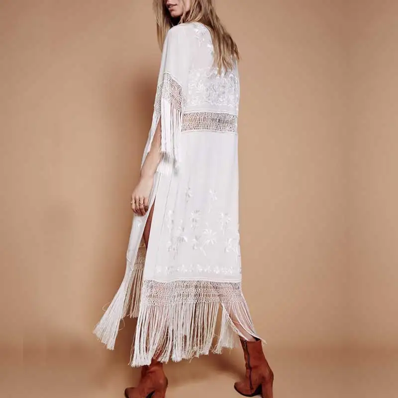 Boho вдохновил Белый бахрома летние платья Вышивка Sexy v-образным вырезом Сплит