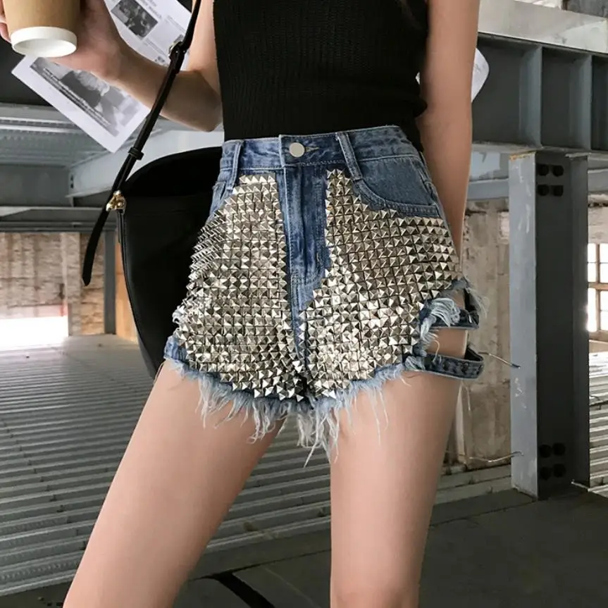 Джинсовые шорты с заклепками и бусинами женские джинсовые завышенной талией