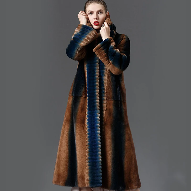 LVCHI Winter 2019 Mink Fur Coats Women's Hat Long Sleeve Coat Full Pelt Ruffles Neck Real Natural Fur X-Long Causal Mink Coats