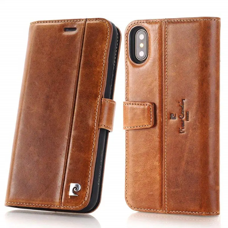 Brown Pierre Cardin Флип из натуральной кожи чехол для телефона для iPhone XS X Роскошный кошелек отделения для карт чехол s Чехол для iPhone X Магнитный чехол - Color: Brown