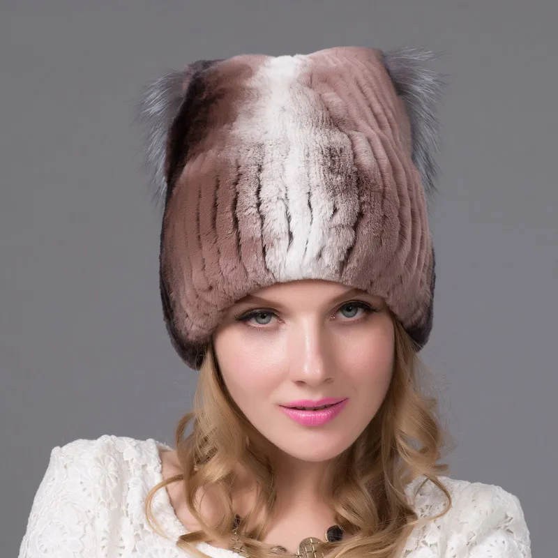 

Winter Women's Fur Hat Real Rabbit Fur Head Cap Silver Fox Fur Lining Velvet Knit Hat Cotton Lining Russian Leather Hat THY-28