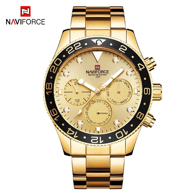 Golden Мужские часы naviforce Топ бренд класса люкс Бизнес Кварцевые часы для мужчин s полная сталь военные часы водонепроницаемые наручные часы Relogio - Цвет: Golden
