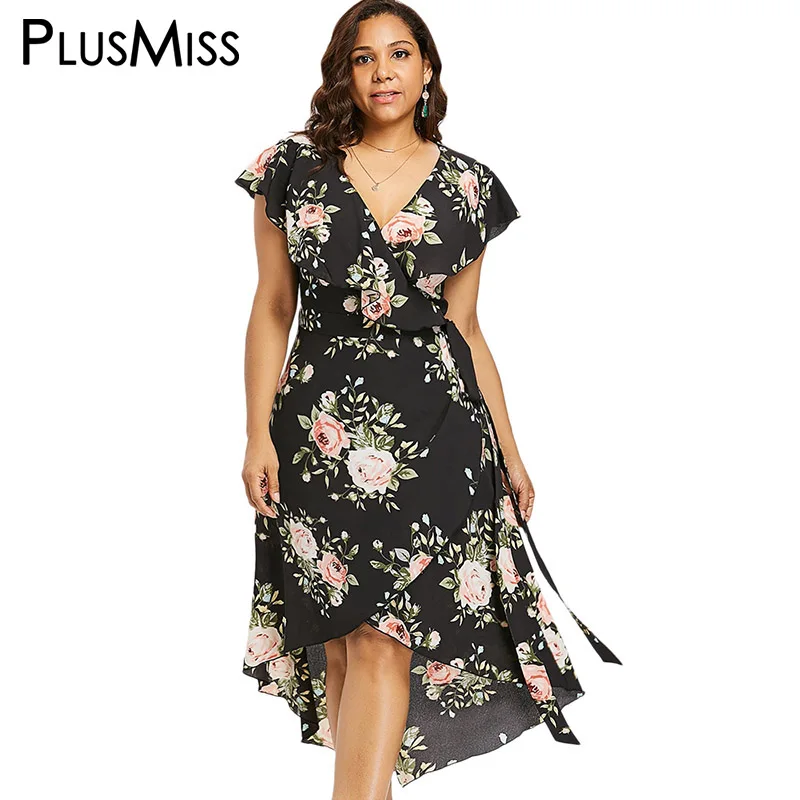 Plusmiss плюс Размеры 5XL 4XL цветочный Цветочный принт Обёрточная бумага платье Для