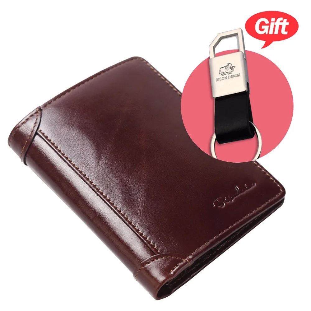 BISON DENIM Genuine Leather RFID wallet Men red brown vintage purse card holder Brand men wallets dollar price Male Purse 4361