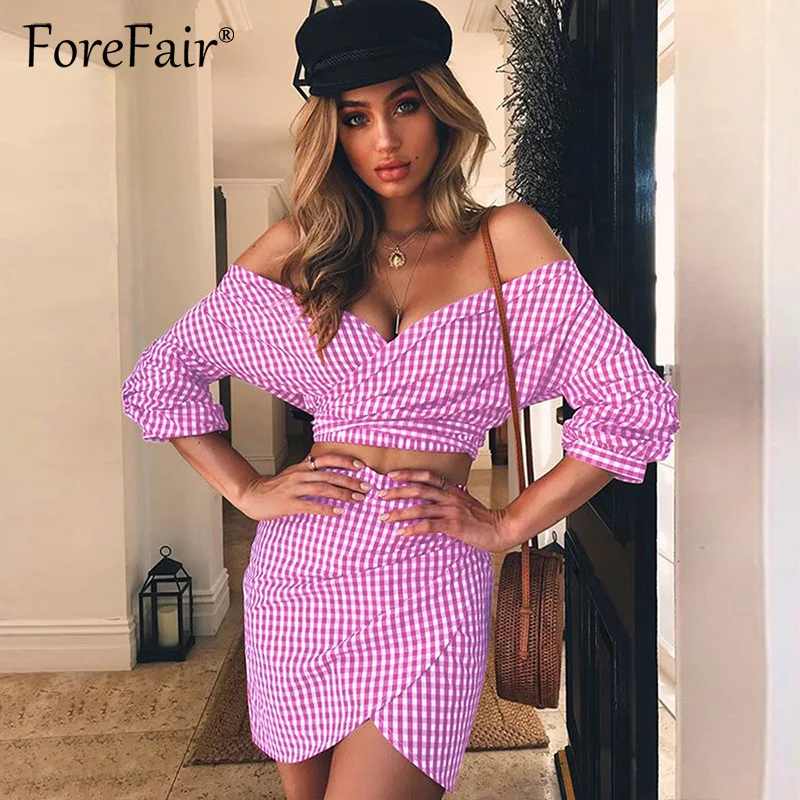 Forefair Повседневный клетчатый комплект из 2 предметов для женщин с открытыми