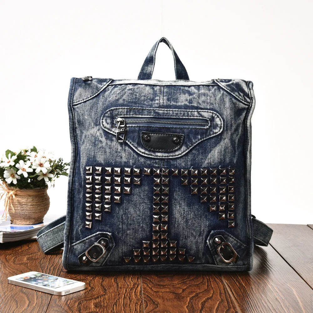 Винтаж Повседневное элегантный дизайн с заклепками небольшой Джинсовый Рюкзак Школьные ранцы Джинсы для