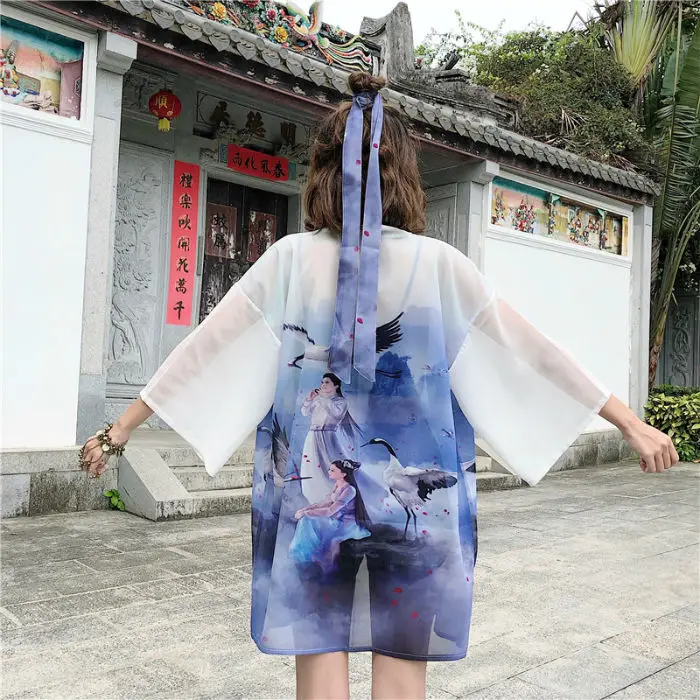long type kimono Японское кимоно Харадзюку, юката, повседневный китайский стиль, хаори, девушка, журавль, принт, белое кимоно, кардиган, косплей, кусты, пальто для верховой езды - Цвет: long type kimono