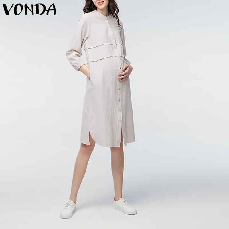 VONDA женское платье для беременных, весна, Повседневное платье-рубашка, сексуальное Хлопковое платье с разрезом, Одежда для беременных с поясом размера плюс S-5XL