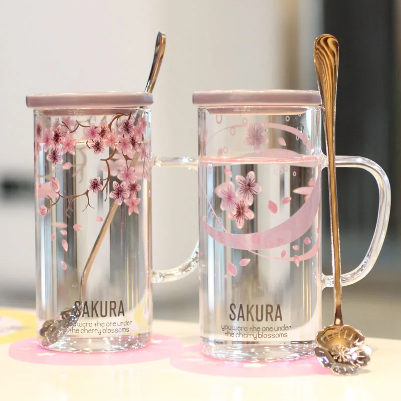 OUSSIRRO Новинка креативная термостойкая стеклянная кружка Sakura с крышкой ложкой