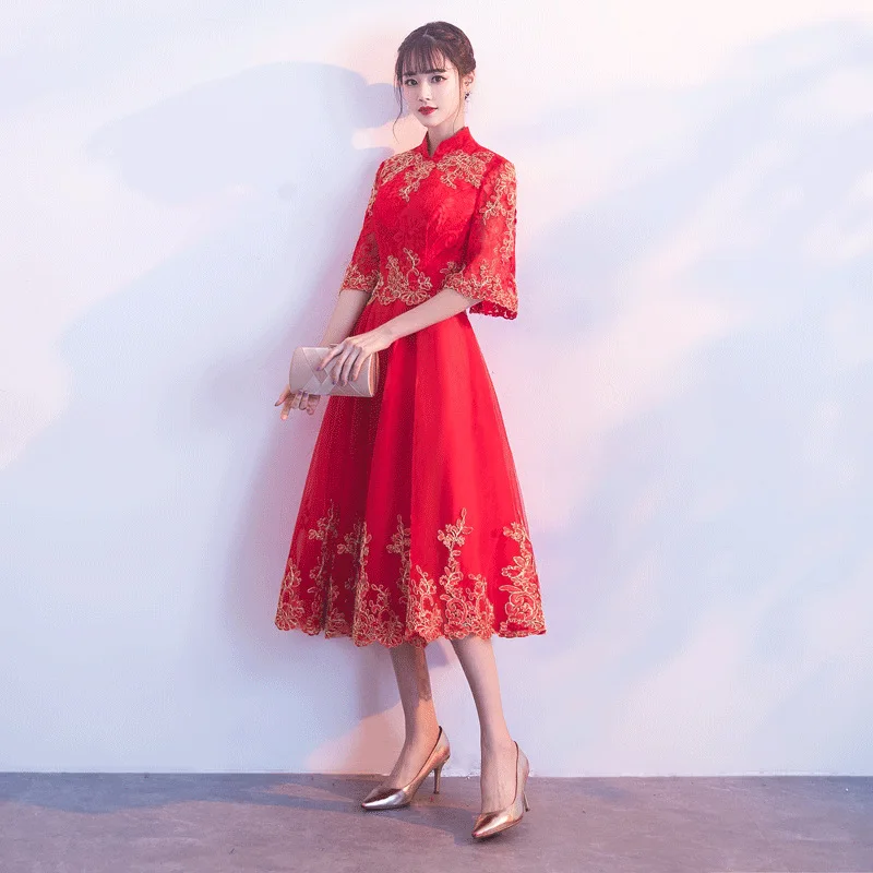 Модное кружевное платье Ципао в Корейском стиле с коротким рукавом Cheongsam Goddess 2018