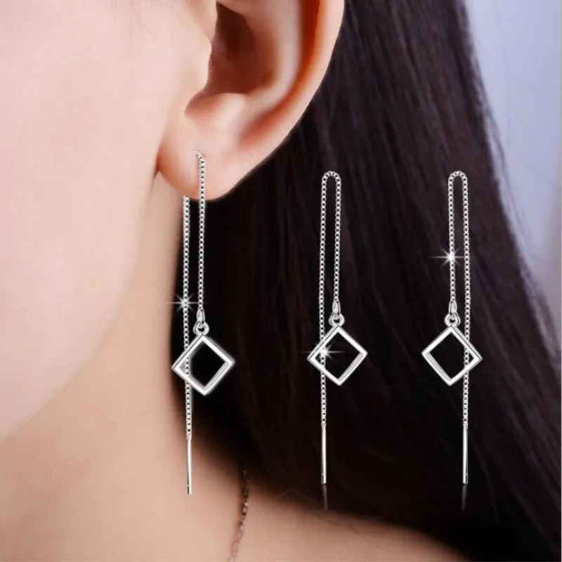

High-quality Fashion 925 Sterling Silver Jewelry Personality Geometric Tassel Square Rhinestone Female Dangle Earrings SE258