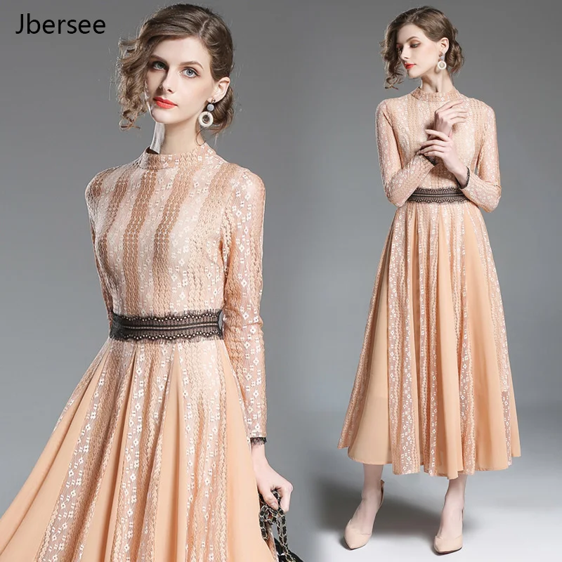 

High Quality Spring Women Dress Female Elegant Slim Lace Party Dress Long Sleeve Standing Collar Chiffon Clothes Ladies Dresses