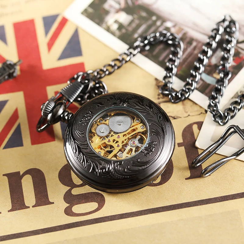 Механические, автоматические, ручные карманные часы для мужчин reloj de bolsillo флип черный чехол Fob цепи часы с ожерельем для мужчин s часы в подарочной коробке