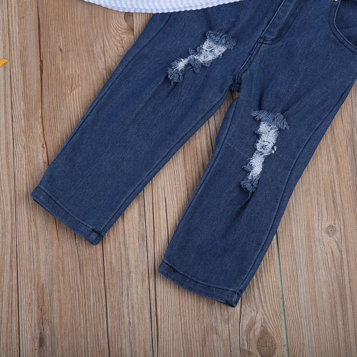 Лето 2017 Модный комплект детской одежды для девочек полосатый кроп-топ и джинсы с