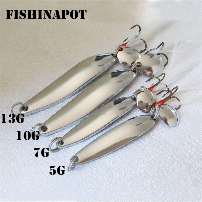 FISHINAPOT, 1 шт., металлические, серебристые, 5 г, 7 г, 10 г, 13 г, блесны, ложка, приманка, жесткая приманка для рыбалки, блестки с пером, крючок для высоких частот