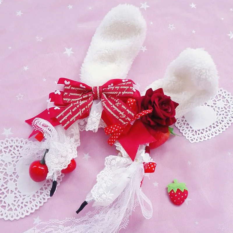 

Handmade Rabbit Ear Lolita Hairbands Stars Bowknot Ribbon Headwears Cherry Strawberry Flower Patchwork Headbands Cute Hair Bands