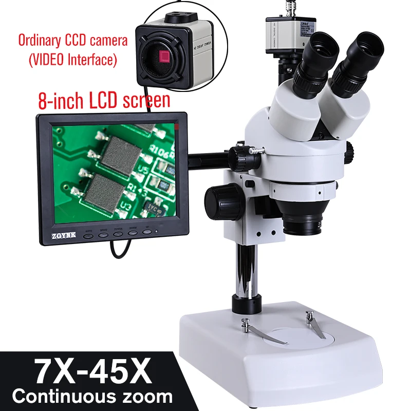 Цифровой стерео тринокулярный микроскоп 7x 45x HD с непрерывным увеличением + USB HDMI VGA