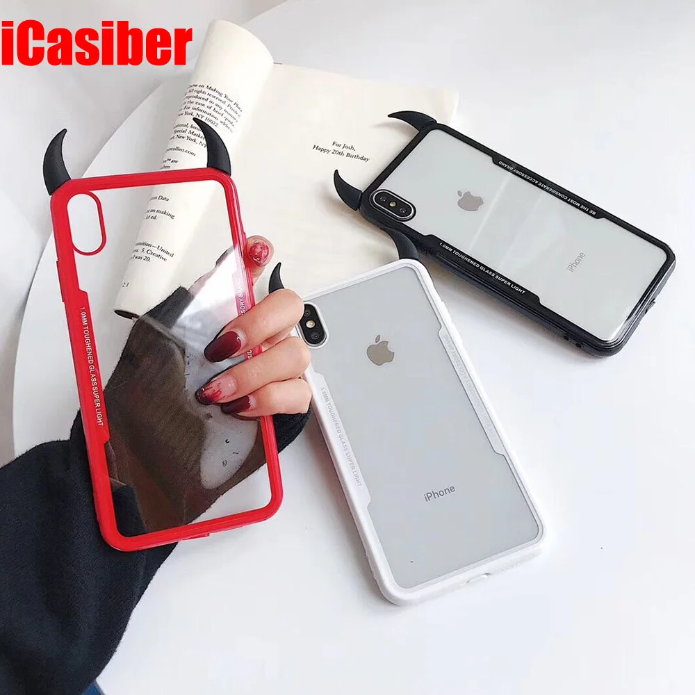 10 шт. iCasiber крутой прозрачный мягкий чехол с 3D рогом дьявола для iPhone XS MAX XR X 6 6S 7 8 Plus Защитные чехлы для телефонов Coque