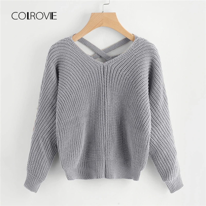 COLROVIE, розовый, крест-накрест, v-образный вырез, массивный, вязаный, Повседневный, женский свитер,, осень, однотонный, хаки, свитер, серый, пуловеры, джемпер