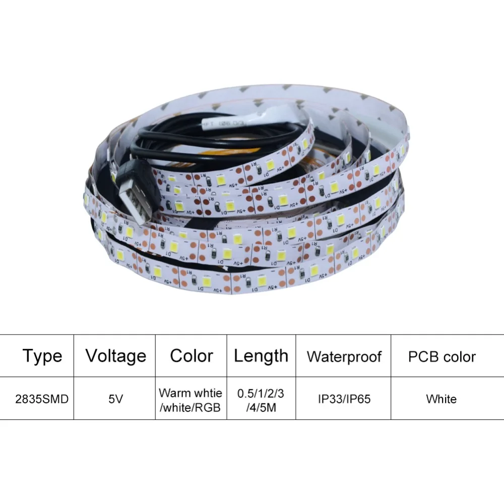 

EeeToo 0.5M 1M 2M 3M 4M 5M Led Strip Waterproof Non-waterproof 5V Led Strip Light USB Power Cable SMD 2835 TV / Desks Decor Tape