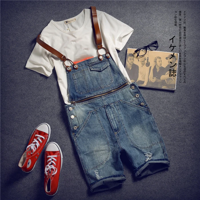 

Male Denim Jumpsuit Short Black Denim Overalls Men Distressed Ripped Shorts Suspender jean shorts Bermuda Masculina 031510