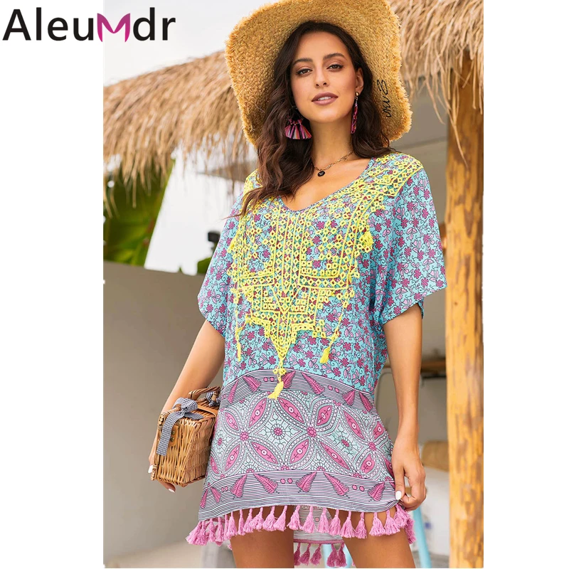 Aleumdr Женская пляжная одежда в стиле ретро многоцветные с бахромой и цветочным