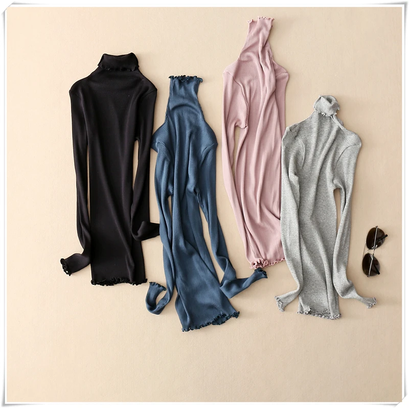 Fall Winter Women pullovers 80%Natural Silk 20%Cotton Turtleneck Rib knits shirt long sleeved Solid sweater Basic top |