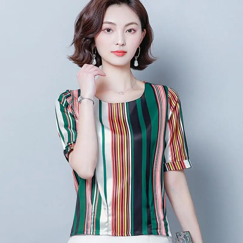 Summer new loose Shirt temperament elegant fashion sweet striped silk slim short-sleeved round neck blouse 4XL |