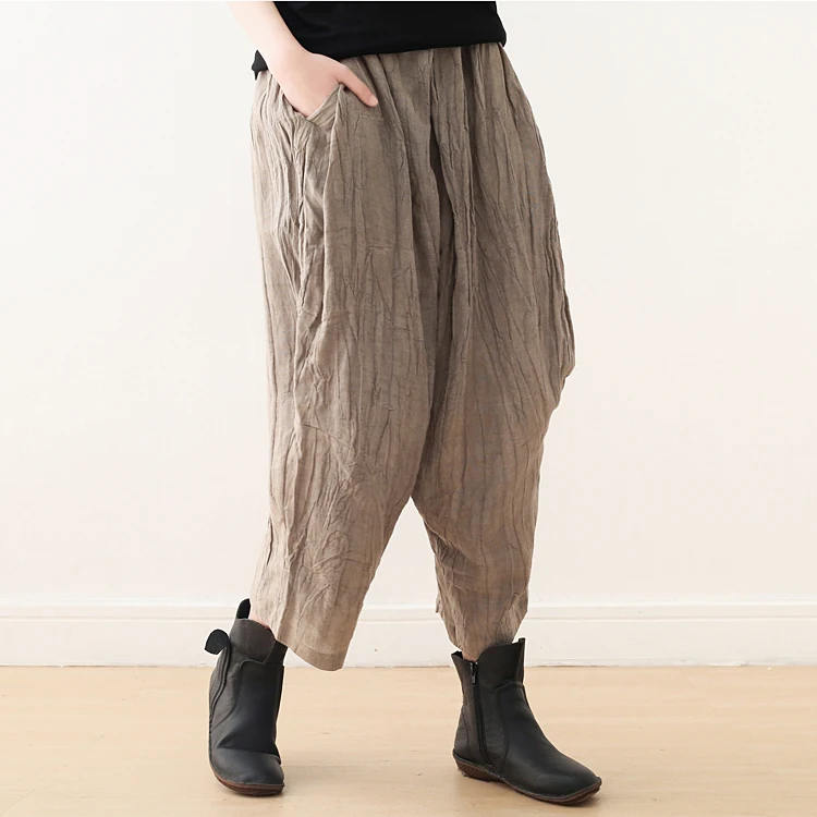 Spring Summer Vintage Stitch Cotton Linen Trousers Baggy Pantalon Women Solid HigH Linen Harem Cross Pants Wide Leg Pants Female