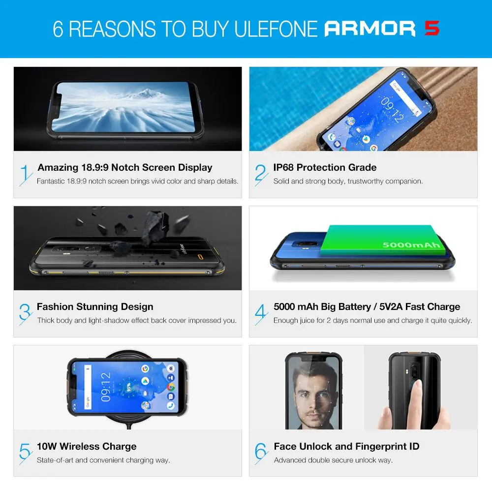 Ulefone Броня 5 85 &quotMTK6763 Octa Core 5000 mAh Быстрое беспроводное зарядное устройство 4 GB + 64 16MP