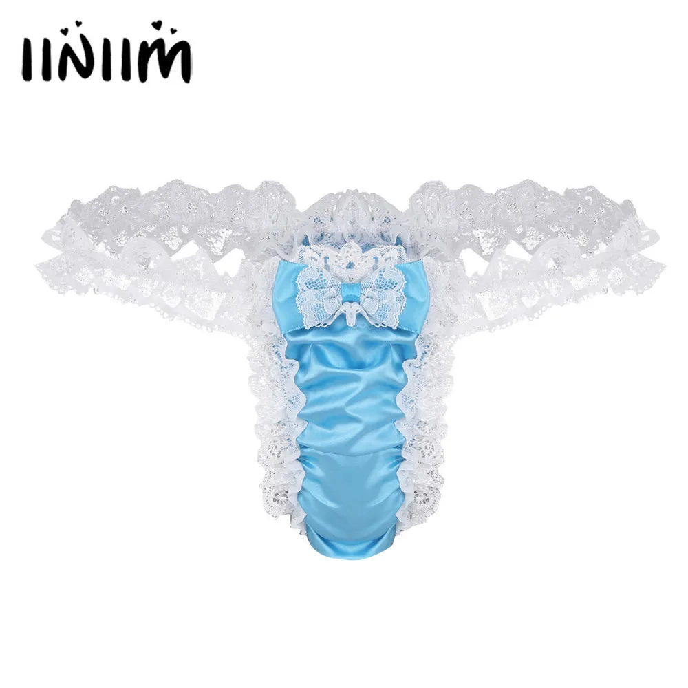 

iiniim Mens Lingerie Gay Shiny Satin Ruffled Floral Lace Frilly Sissy Panties for Men G-string Homme Thong Underwear Underpants