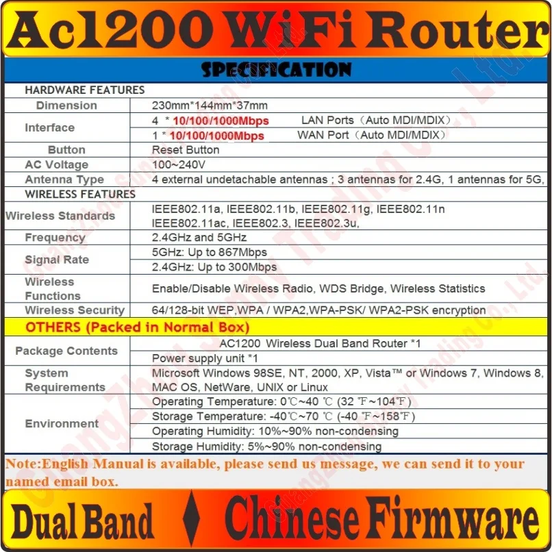 Гигабитные порты WAN и LAN 4 внешних антенны беспроводной маршрутизатор AC1200 802.11AC 1200