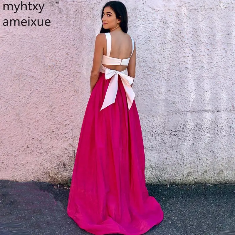 Two Piece Elegant 2020 White plus pink Long Evening Dresses V-neck Sexy Sleeveless Floor-length A-line Plus Size Evening Gown