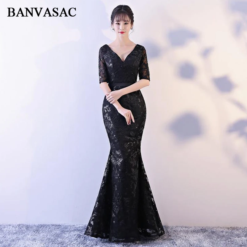 BANVASAC 2018 г. Длинные вечерние платья с V-образным вырезом блестками юбкой годе