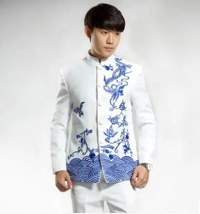

stage clothing for men chinese tunic suit set with pants mens wedding suits groom formal dress embroidery stand collar white