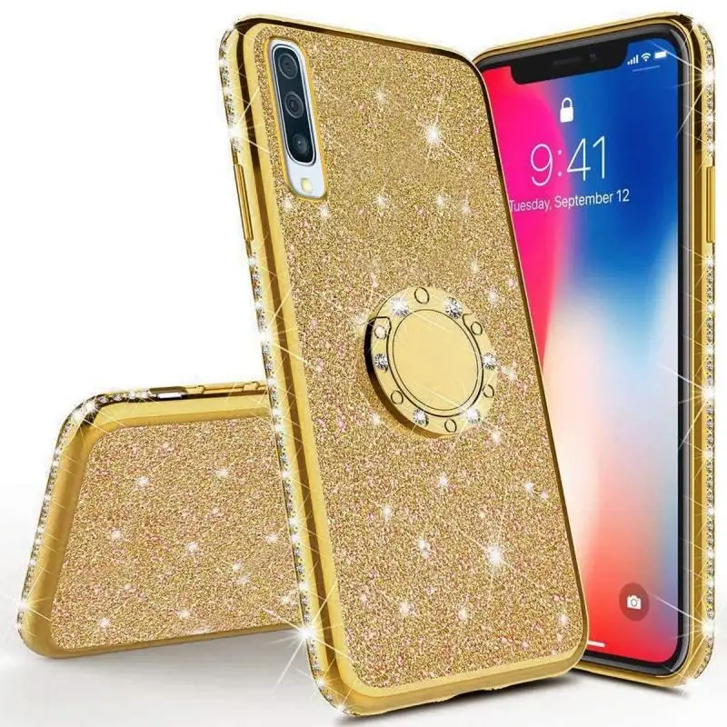 Алмазный чехол для samsung Galaxy A70 A60 A50 A40 A30 A20 A10 A80 Крышка для samsung Galaxy M30 M20 M10 блеск кольцо чехол с подставкой Чехол - Цвет: Золотой